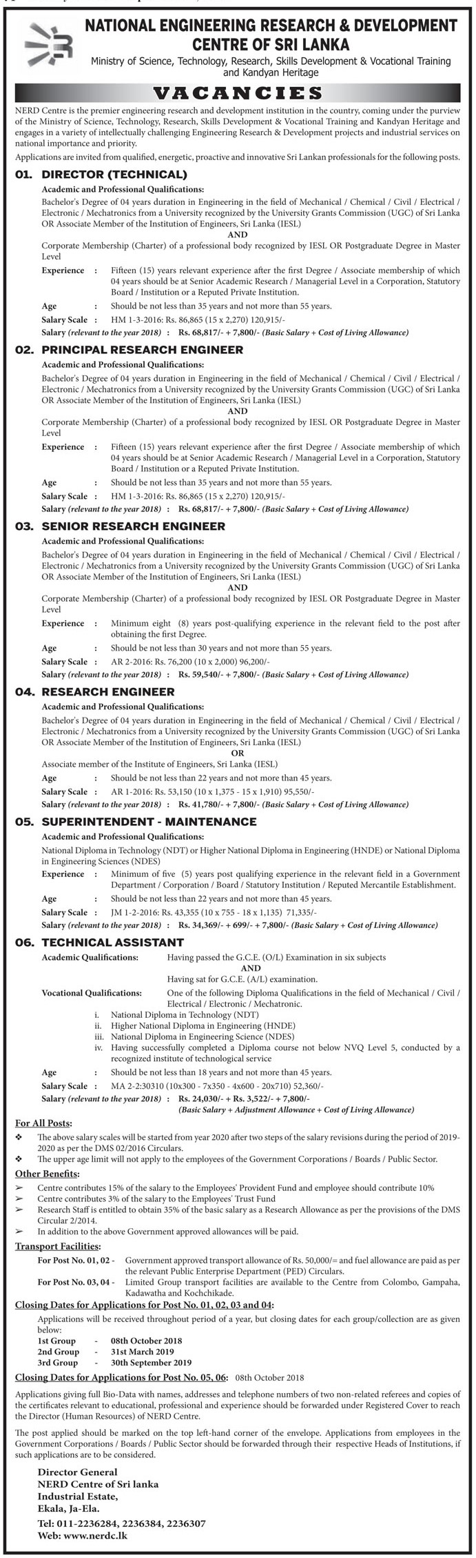 Director, Principal Research Engineer, Senior Research Engineer, Research Engineer, Superintendent (Maintenance), Technical Assistant - National Engineering Research & Development Centre